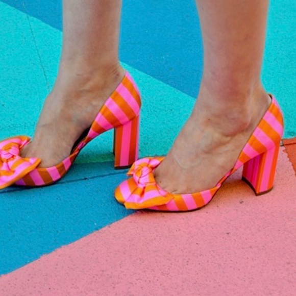 J. Crew Shoes - J. Crew Bell d'Orsay High Heeled Pumps bow tie stripe Bubble Gum Pink Marigold